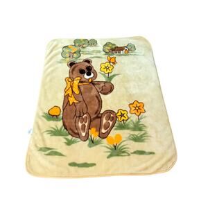 Vintage Cuamatzi Mink Blanket Bear With Flowers And Butterfly 43” X 54”